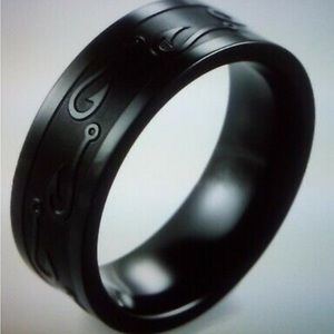 8mm Stainless Steel Black Band W/Carved Fishing Hook Pattern Size 8